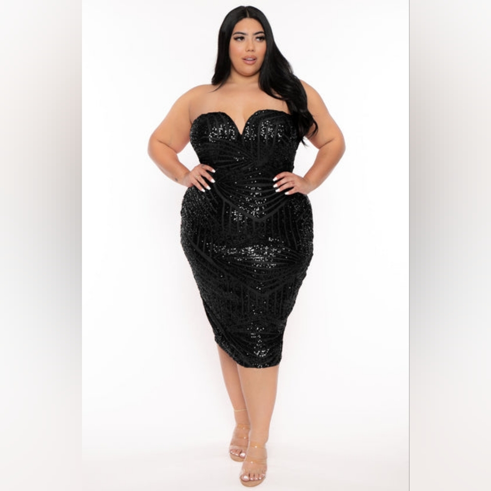 Curvy Sense Elegant Black Sequin Strapless Dress Sz 2x